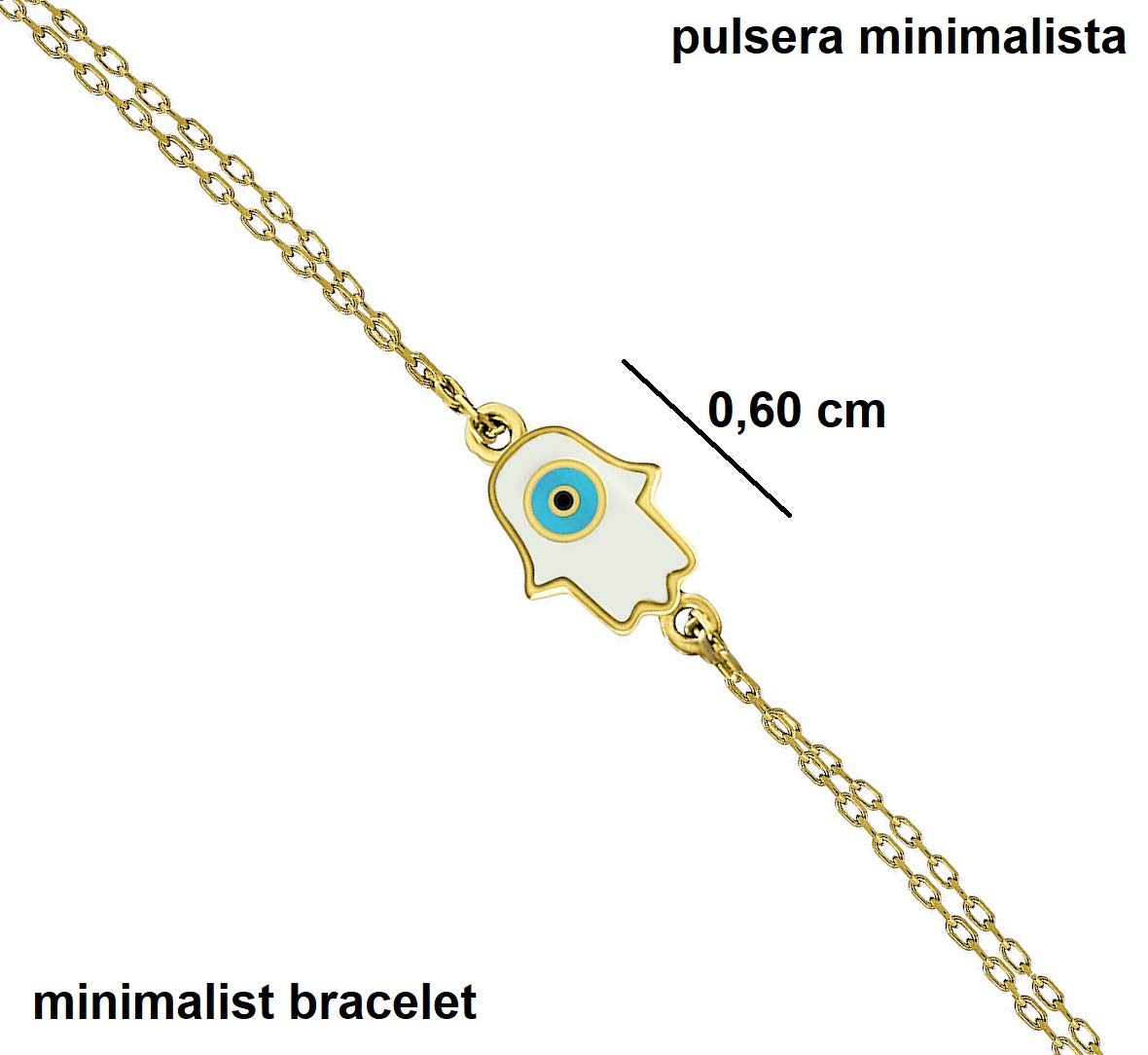 MYSTIC JEWELS By Dalia - Pulsera Esmaltada Mano de Fatima y Ojo Turco- Doble Cadena - Plata de Ley 925 - Minimalista (Dorada)