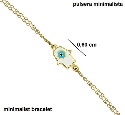 MYSTIC JEWELS By Dalia - Pulsera Esmaltada Mano de Fatima y Ojo Turco- Doble Cadena - Plata de Ley 925 - Minimalista (Dorada)