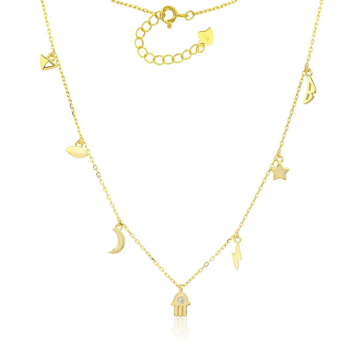 MYSTIC JEWELS - Collar Plata 925 Bañada en Oro – 7 Dijes: Triángulo, Ojo, Luna, Estrella, Rayo, Alas y Mano de Fátima con Circonita, Ajustable con Caja de Regalo