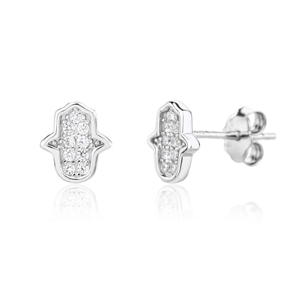 MYSTIC JEWELS - Pendientes Mano de Fátima Plata 925, Mini Hamsa con Circonitas, Antialérgicos, Minimalista, Joyería de Protección, Incluye Caja de Regalo + una pulsera de ojo turco