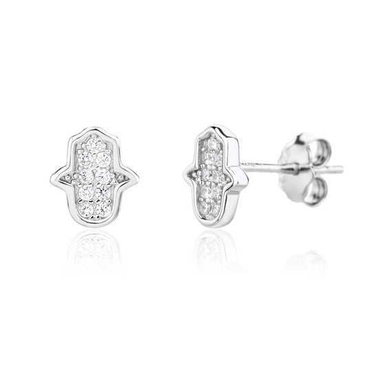 MYSTIC JEWELS - Pendientes Mano de Fátima Plata 925, Mini Hamsa con Circonitas, Antialérgicos, Minimalista, Joyería de Protección, Incluye Caja de Regalo + una pulsera de ojo turco