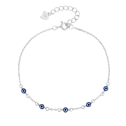 MYSTIC JEWELS - Pulsera Ojo Turco Plata de Ley 925, Mini Evil Eye Azul Marino 3mm, Amuleto de la Suerte, 16 + 3 cm, con bolsita