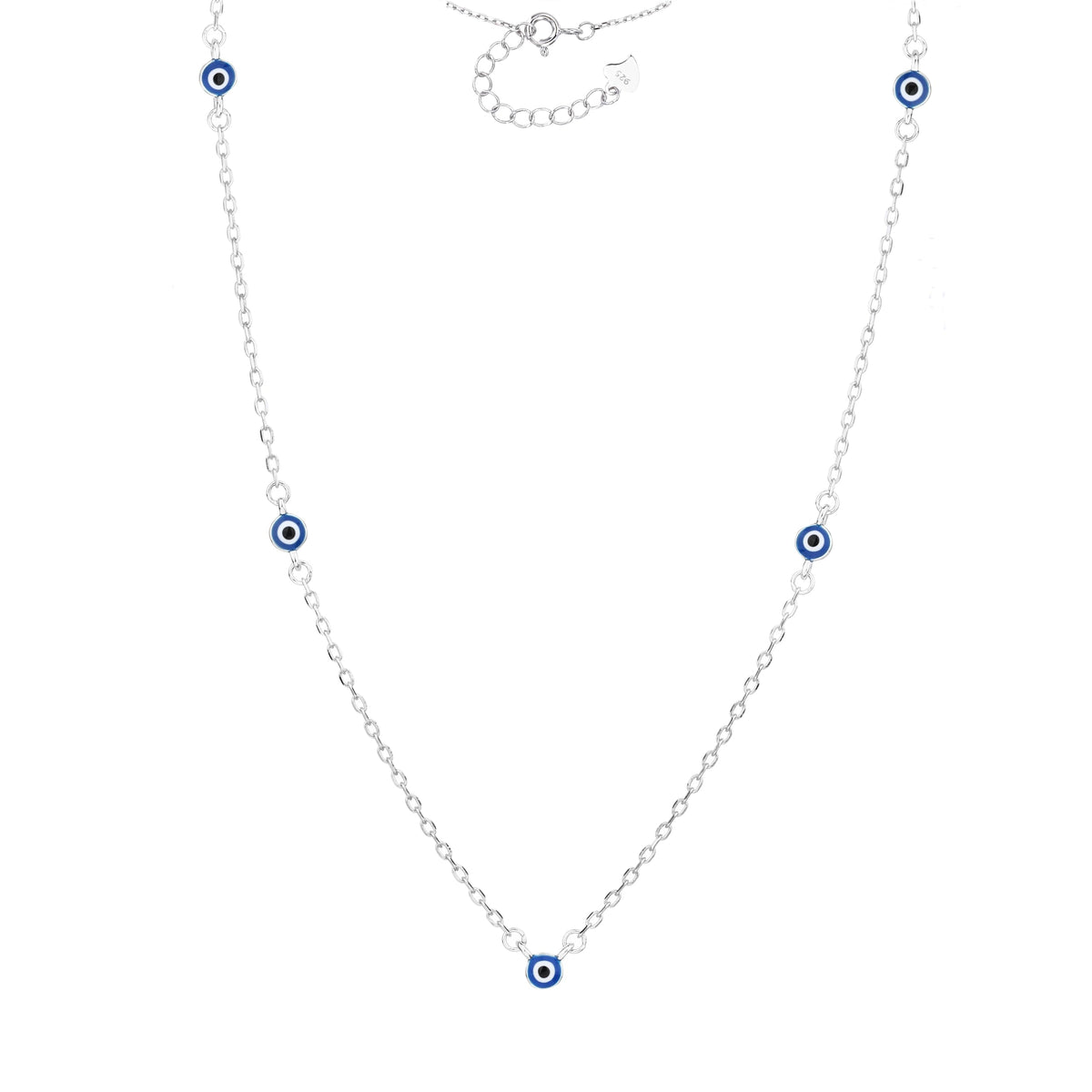 MYSTIC JEWELS – Collar de Plata de ley 925 con 5 Ojos Turcos Esmaltados Azul Marino – Diseño Minimalista 42 + 3 cm – Con Bolsita de Regalo