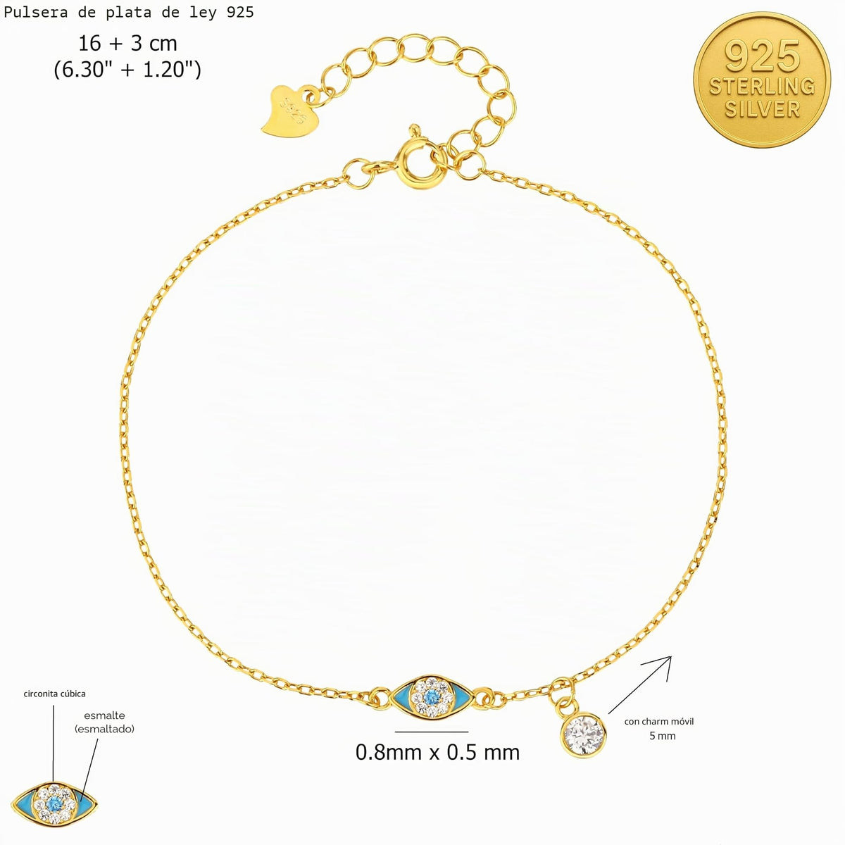 MYSTIC JEWELS - Pulsera de Plata 925 Bañado en Oro con Ojo Turquesa, Circonita Cúbica, Dije Móvil, Ajustable 16+3 cm