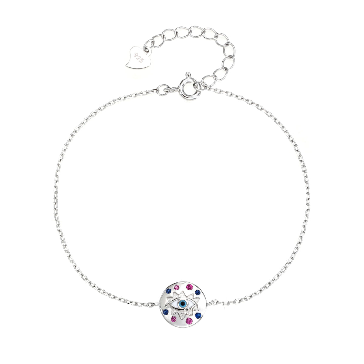 MYSTIC JEWELS – Pulsera Ojo Turco en Plata de Ley 925 con Circonitas Rosas y Azules – Colgante Redondo – 16+3 cm – Joya Minimalista