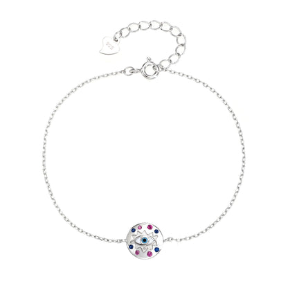 MYSTIC JEWELS – Pulsera Ojo Turco en Plata de Ley 925 con Circonitas Rosas y Azules – Colgante Redondo – 16+3 cm – Joya Minimalista