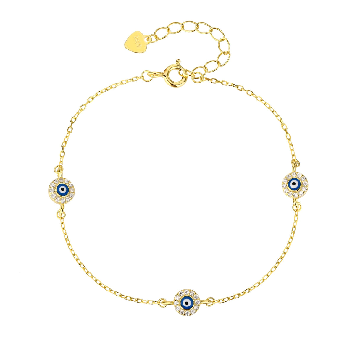 MYSTIC JEWELS - Pulsera Ojo Turco de Plata 925 Chapada en Oro, 3 Mini Evil Eye Amuletos con Circonitas, Cadena Ajustable 16+3 cm, Joyería de Protección