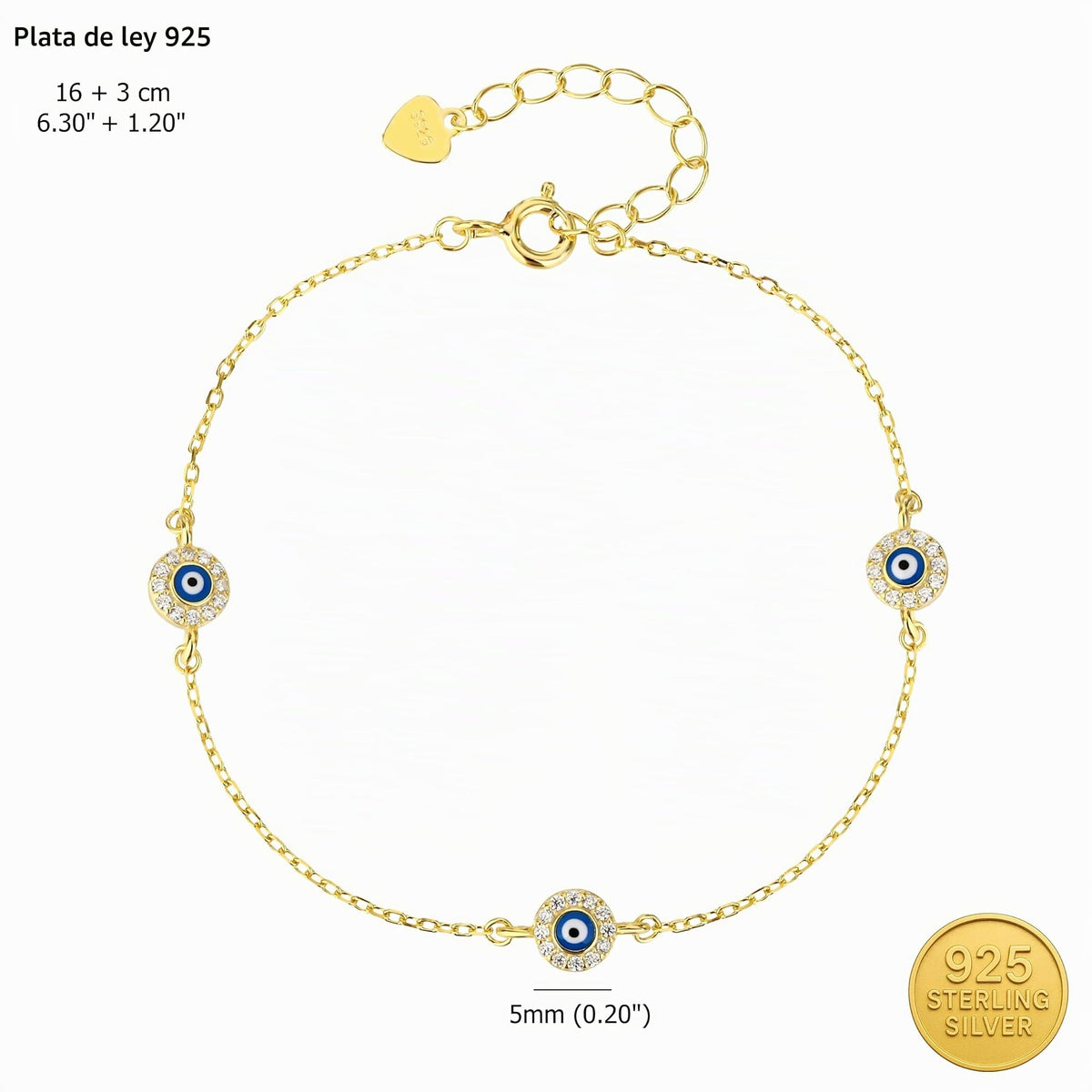 MYSTIC JEWELS - Pulsera Ojo Turco de Plata 925 Chapada en Oro, 3 Mini Evil Eye Amuletos con Circonitas, Cadena Ajustable 16+3 cm, Joyería de Protección