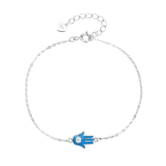 MYSTIC JEWELS - Pulsera Mano de Fátima (Hamsa) con Esmalte Azul Claro y Circonita – Plata de ley 925 – Ajustable 16 + 3 cm – Minimalista y Elegante con Bolsita de Regalo