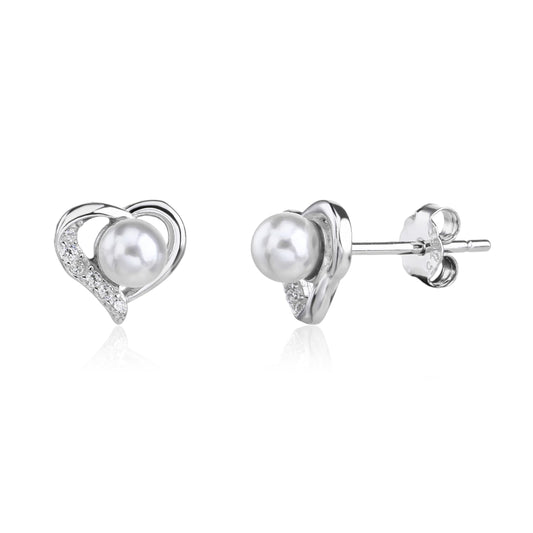 MYSTIC JEWELS - Pendientes Corazón Plata de Ley 925 con Perlas de Agua Dulce – Pequeños 8 mm para Mujer – Hipoalergénicos – Regalo Elegante con Caja