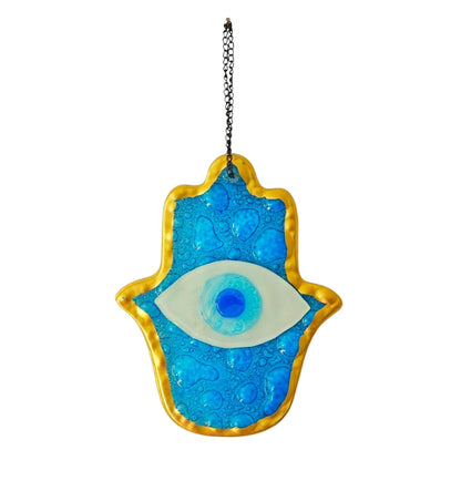 MYSTIC JEWELS - Adorno de Pared Vidrio, Ojo Turco y Mano de Fátima, Azul, Marco Dorado, Tres Tamaños, para Buena Suerte (Grande)