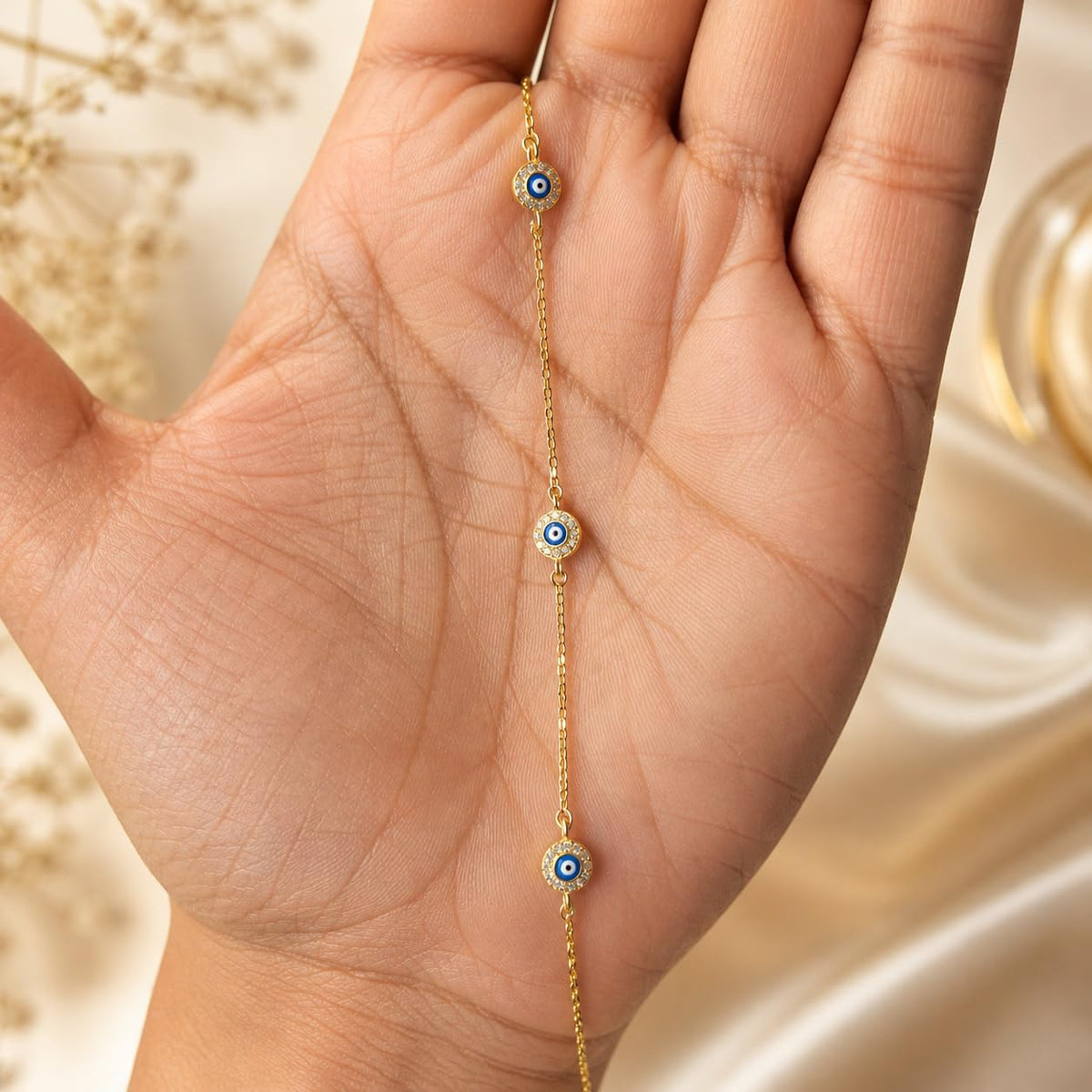 MYSTIC JEWELS - Pulsera Ojo Turco de Plata 925 Chapada en Oro, 3 Mini Evil Eye Amuletos con Circonitas, Cadena Ajustable 16+3 cm, Joyería de Protección