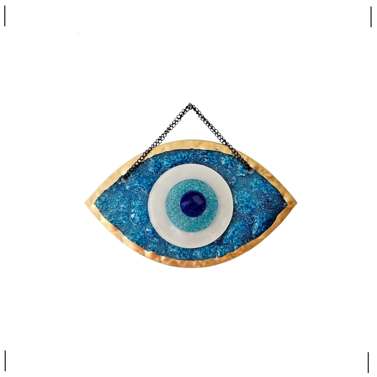 MYSTIC JEWELS - Adorno Ojo Turco Decorativo, Vidrio Azul y Blanco, Amuleto Suerte Marco en Dorado, 3 tamaños (Mediano)