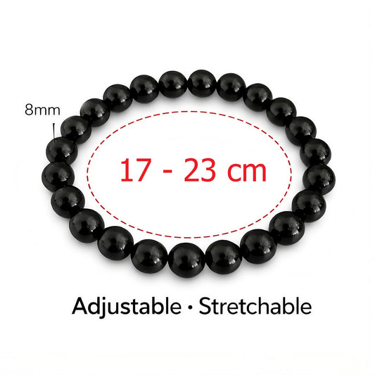 MYSTIC JEWELS Pulsera de Ónix Negro para Hombre - Cuentas de Piedra Natural de 8mm, Pulsera Elástica de 17-23 cm, Amuleto de Protección y Regalo