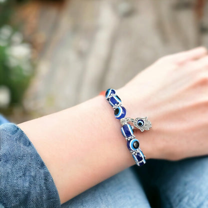 MYSTIC JEWELS - Pulsera Elástica De Protección Contra El Mal De Ojo, 2 Piezas Elásticas Amuleto De La Suerte Hamsa (Mano De Fátima); Blue Eye Bead Bracelets, Unisex Lucky Bracelet