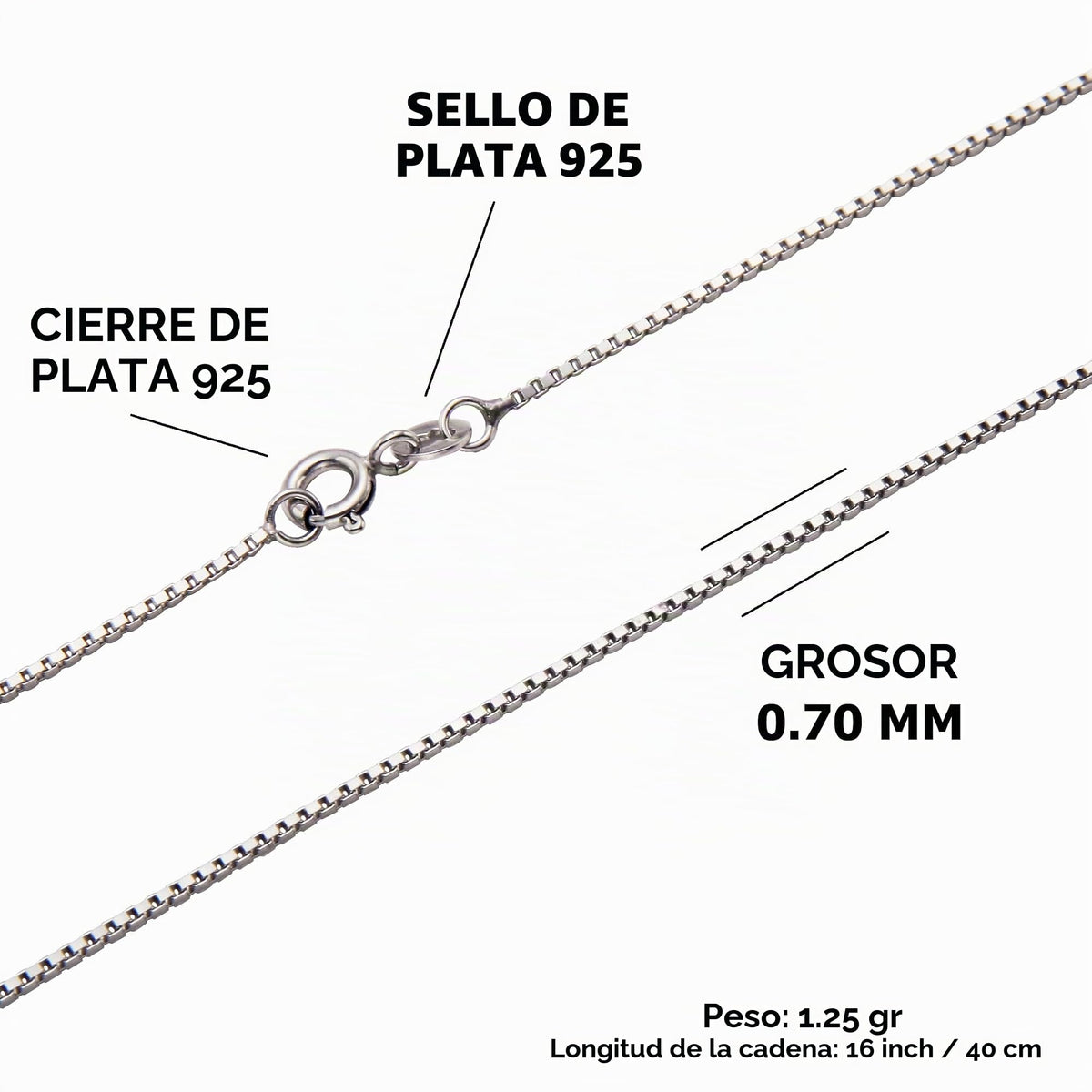 MYSTIC JEWELS - Cadena Veneciana Fina de Plata de Ley 925 con baño de Rodio, para Mujer, Disponible en 40, 45, 50, 55, 60, 70 cm