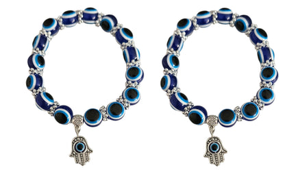 MYSTIC JEWELS - Pulsera Elástica De Protección Contra El Mal De Ojo, 2 Piezas Elásticas Amuleto De La Suerte Hamsa (Mano De Fátima); Blue Eye Bead Bracelets, Unisex Lucky Bracelet