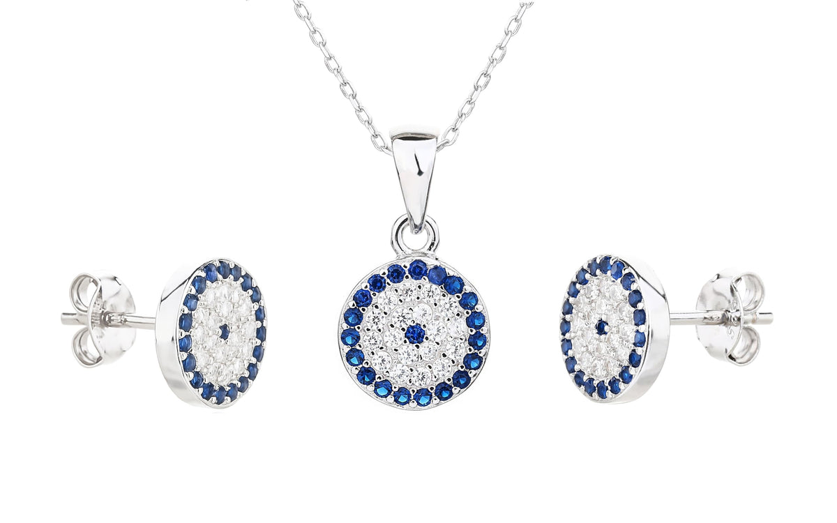 MYSTIC JEWELS - Conjunto de Joyería de Plata de ley 925 - Ojo Turco con Circonitas - Colgante con Cadena y Pendientes