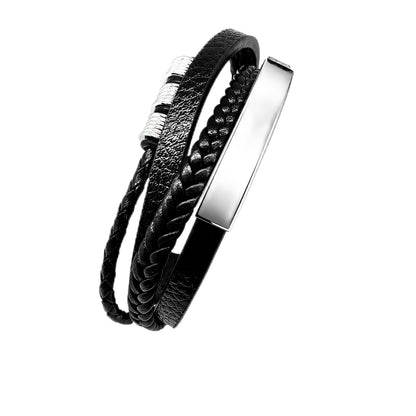 MYSTIC JEWELS Pulsera de Cuero para Hombre Acero Inoxidable Negro