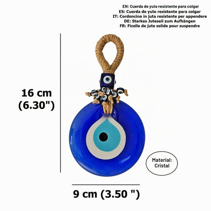 MYSTIC JEWELS - Amuleto Turco Nazar de Vidrio Azul, Colgante de Ojo Protector, 9 cm, con Cordón de Yute, Decoración para Pared