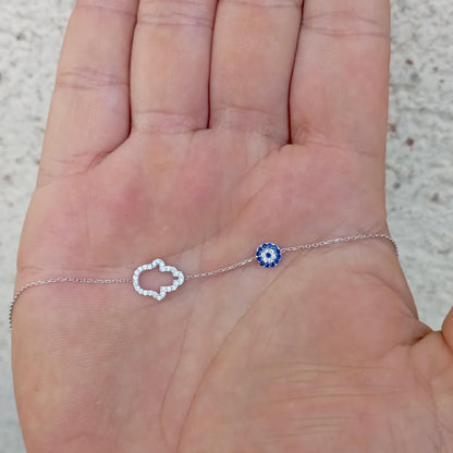 MYSTIC JEWELS - Pulsera de Plata de ley 925, circonita cúbica de Hamsa (Mano de Fátima) y Mal de Ojo Redondo, 16 + 2 cm