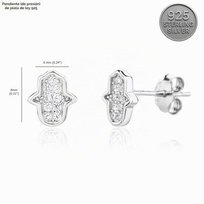 MYSTIC JEWELS - Pendientes Mano de Fátima Plata 925, Mini Hamsa con Circonitas, Antialérgicos, Minimalista, Joyería de Protección, Incluye Caja de Regalo + una pulsera de ojo turco