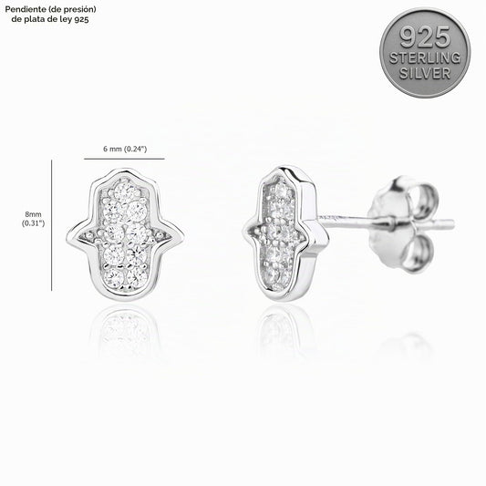 MYSTIC JEWELS - Pendientes Mano de Fátima Plata 925, Mini Hamsa con Circonitas, Antialérgicos, Minimalista, Joyería de Protección, Incluye Caja de Regalo + una pulsera de ojo turco