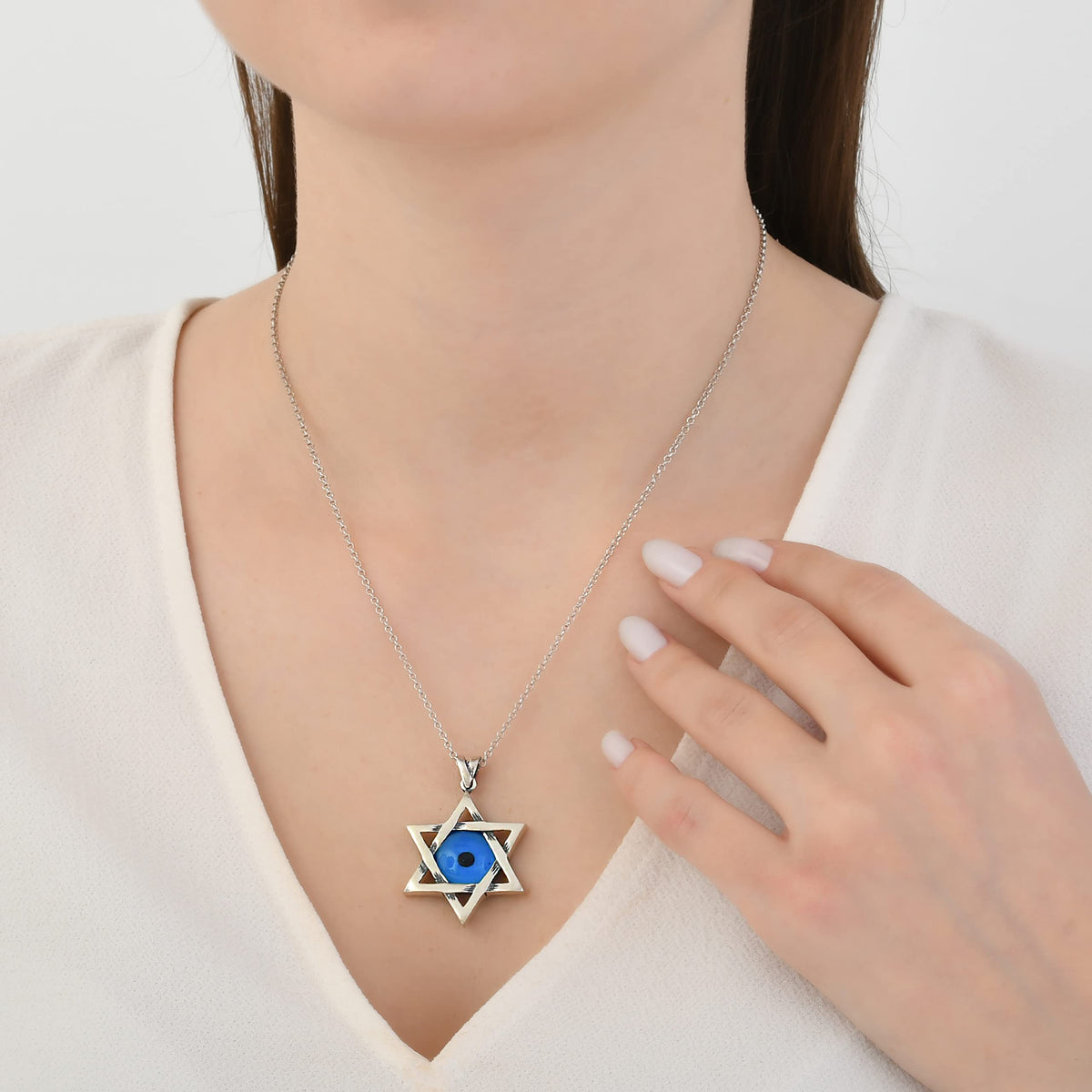 MYSTIC JEWELS By Dalia - Collar de estrella de David (Magen David) de plata de ley 925 con mal de ojo azul cristal en el medio