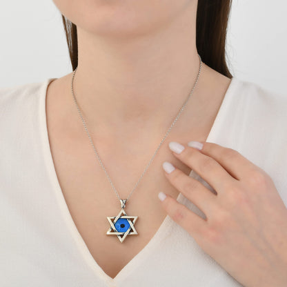 MYSTIC JEWELS By Dalia - Collar de estrella de David (Magen David) de plata de ley 925 con mal de ojo azul cristal en el medio