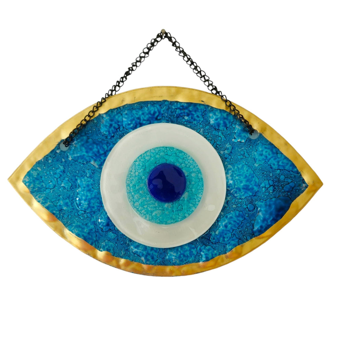 MYSTIC JEWELS - Adorno Ojo Turco Decorativo, Vidrio Azul y Blanco, Amuleto Suerte Marco en Dorado, 3 tamaños