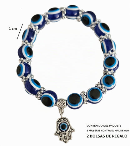MYSTIC JEWELS - Pulsera Elástica De Protección Contra El Mal De Ojo, 2 Piezas Elásticas Amuleto De La Suerte Hamsa (Mano De Fátima); Blue Eye Bead Bracelets, Unisex Lucky Bracelet