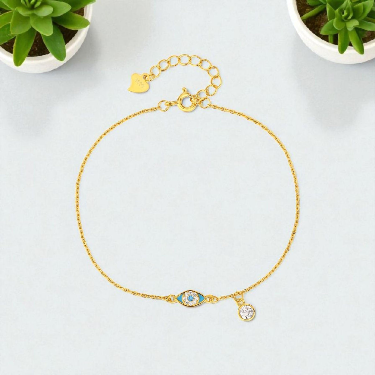 MYSTIC JEWELS - Pulsera de Plata 925 Bañado en Oro con Ojo Turquesa, Circonita Cúbica, Dije Móvil, Ajustable 16+3 cm