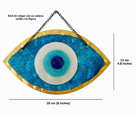 MYSTIC JEWELS - Adorno Ojo Turco Decorativo, Vidrio Azul y Blanco, Amuleto Suerte Marco en Dorado, 3 tamaños