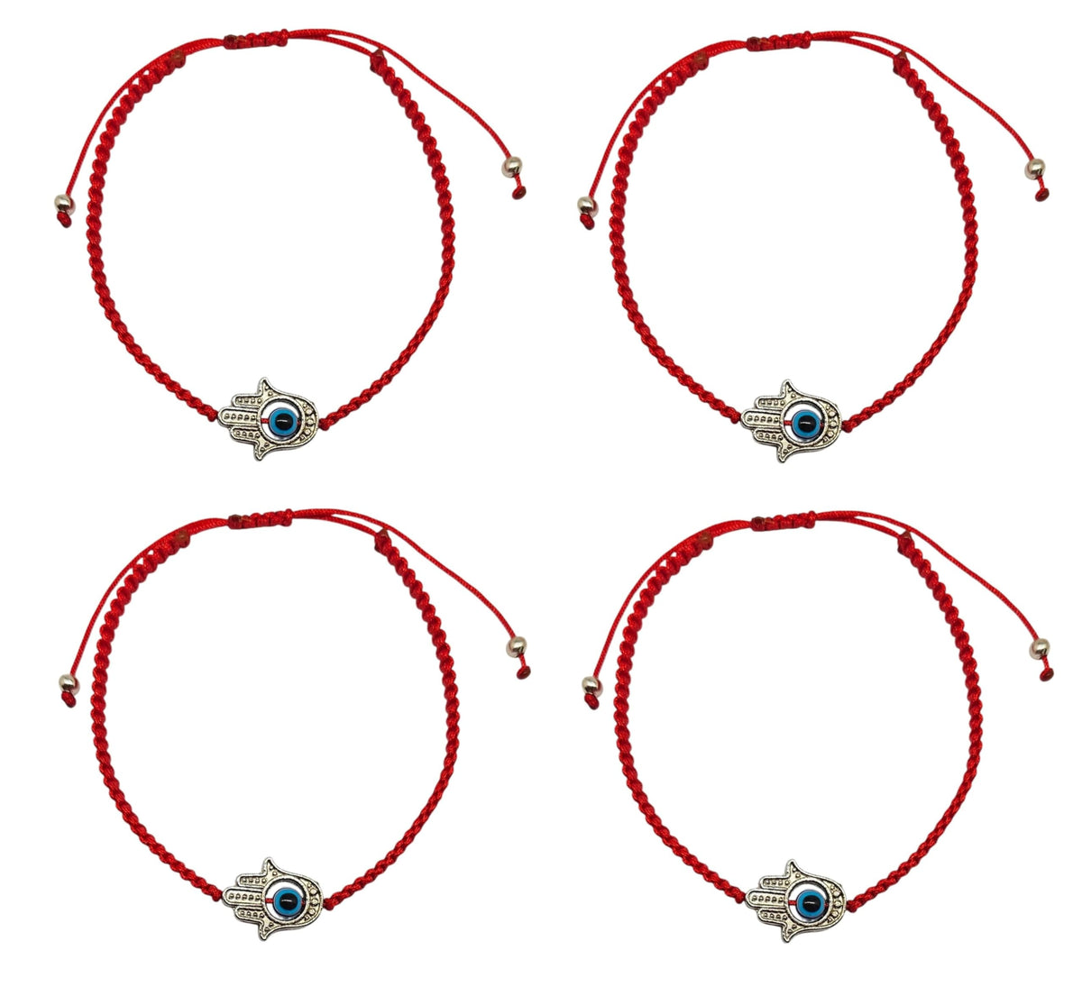 MYSTIC JEWELS - Pulsera de Cuerda Roja con 7 Chakras, Amuleto de Protección y Buena Suerte, Ajustable, Hecha a Mano, para Mujeres y Hombres, Símbolo de Amistad (Mano de Fátima (4 pza))