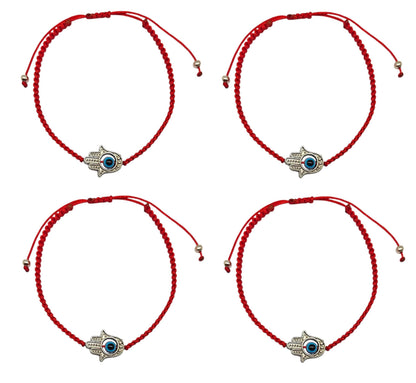 MYSTIC JEWELS - Pulsera de Cuerda Roja con 7 Chakras, Amuleto de Protección y Buena Suerte, Ajustable, Hecha a Mano, para Mujeres y Hombres, Símbolo de Amistad (Mano de Fátima (4 pza))