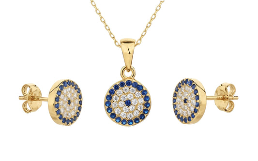 MYSTIC JEWELS - Conjunto de Joyería de Plata de ley 925 - Ojo Turco con Circonitas - Colgante con Cadena y Pendientes