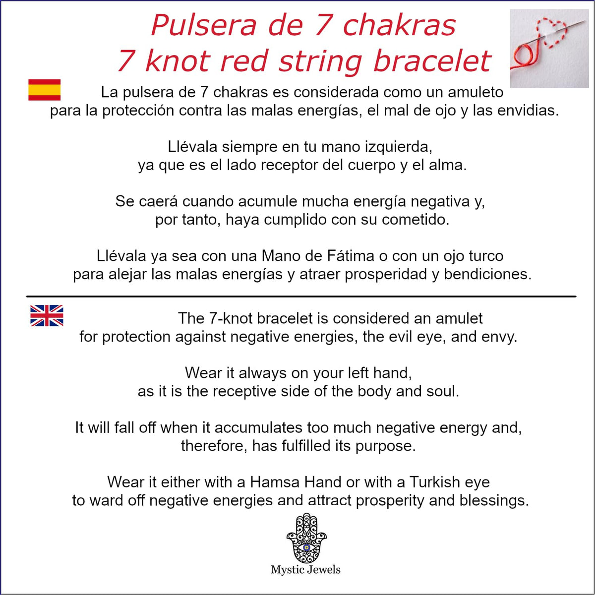 MYSTIC JEWELS - Pulsera de Cuerda Roja con 7 Chakras, Amuleto de Protección y Buena Suerte, Ajustable, Hecha a Mano, para Mujeres y Hombres, Símbolo de Amistad
