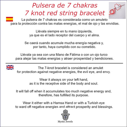 MYSTIC JEWELS - Pulsera de Cuerda Roja con 7 Chakras, Amuleto de Protección y Buena Suerte, Ajustable, Hecha a Mano, para Mujeres y Hombres, Símbolo de Amistad
