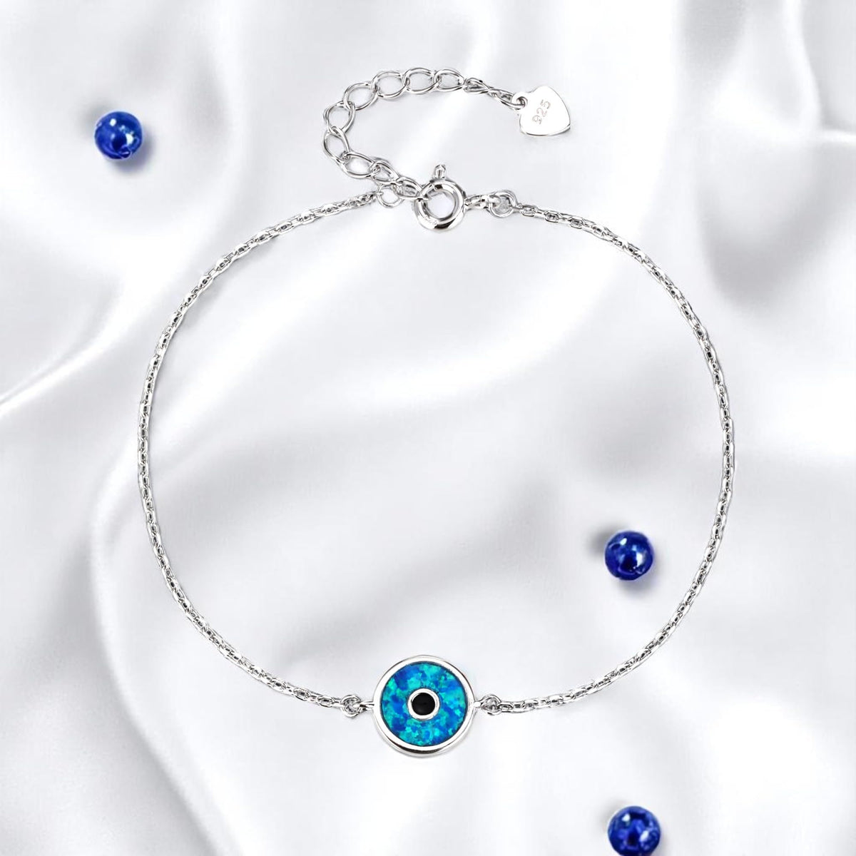 MYSTIC JEWELS – Pulsera Ojo Turco de Ópalo Sintético – Plata de ley 925 con Baño de Rodio – Diseño Redondo Elegante – Ajustable 16 + 3 cm – Con Bolsita de Regalo