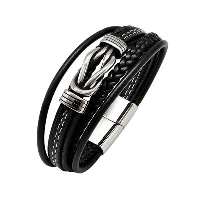MYSTIC JEWELS - Pulsera de Cuero para Hombre en Acero Inoxidable - Negro - Ajustable - Diseño Moderno con Cajita de Regalo (Infinito)