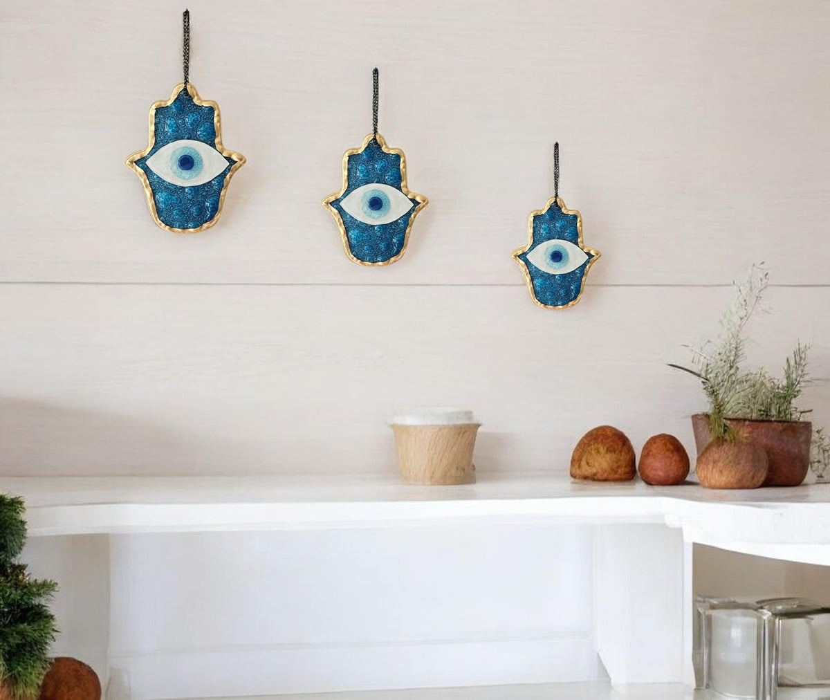 MYSTIC JEWELS - Adorno de Pared Vidrio, Ojo Turco y Mano de Fátima, Azul, Marco Dorado, Tres Tamaños, para Buena Suerte