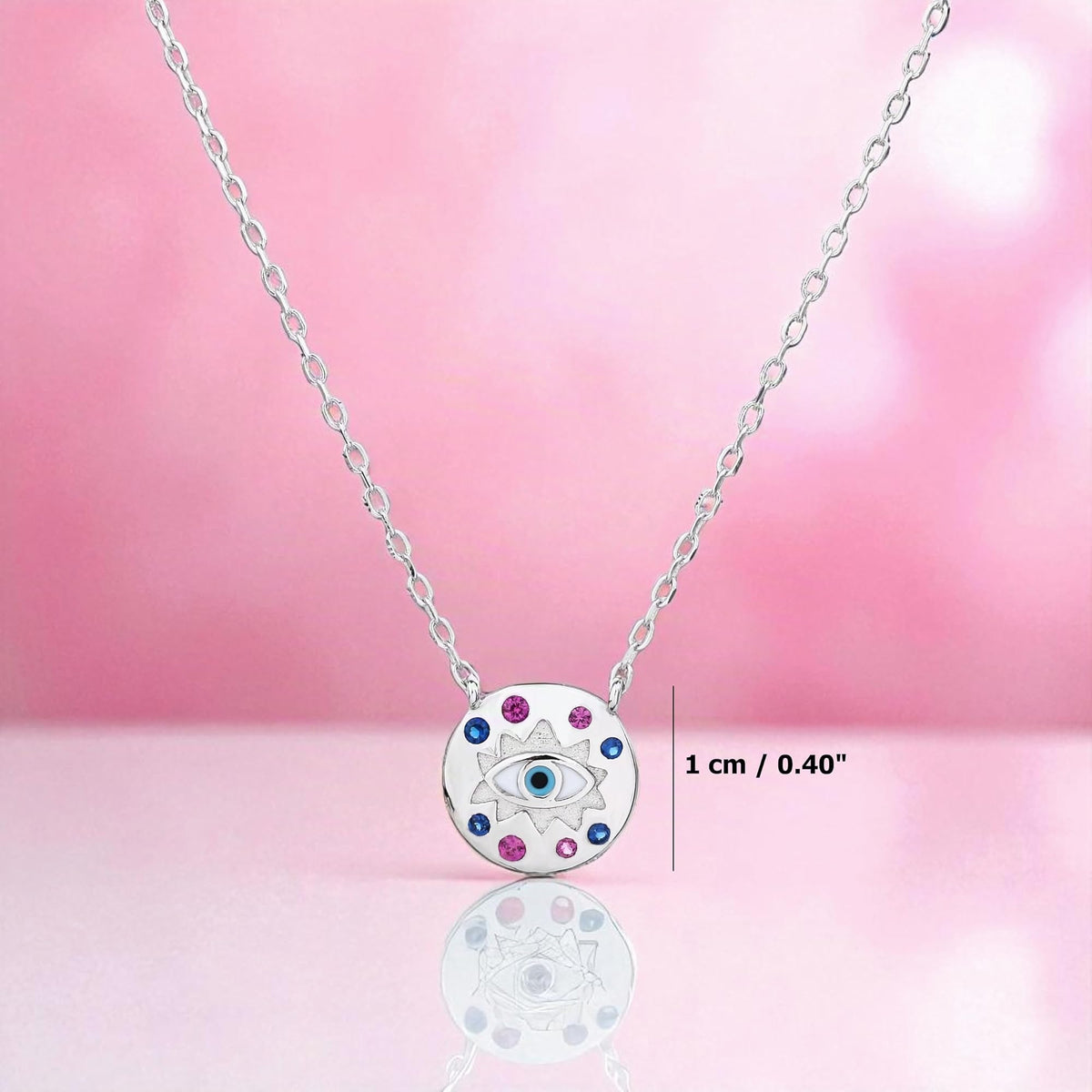 MYSTIC JEWELS – Pulsera Ojo Turco en Plata de Ley 925 con Circonitas Rosas y Azules – Colgante Redondo – 16+3 cm – Joya Minimalista