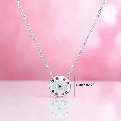 MYSTIC JEWELS – Pulsera Ojo Turco en Plata de Ley 925 con Circonitas Rosas y Azules – Colgante Redondo – 16+3 cm – Joya Minimalista