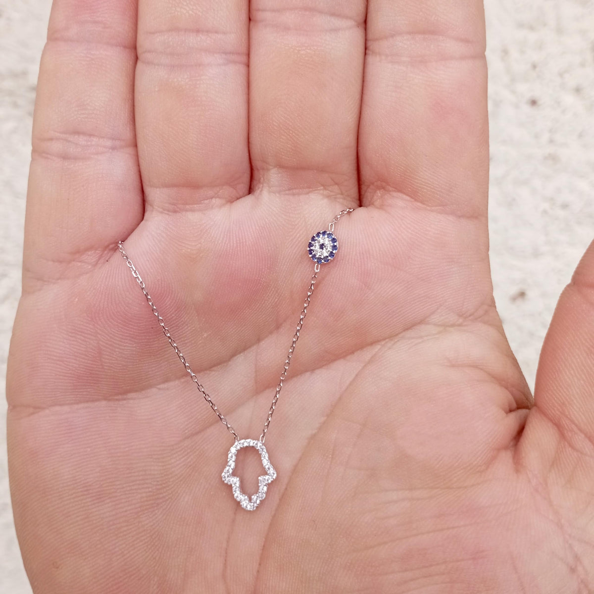 MYSTIC JEWELS - Collar Plata de ley 925, circonita cúbica de Hamsa (Mano de Fátima) y Ojo Turco, mal de ojo turco, proteccion