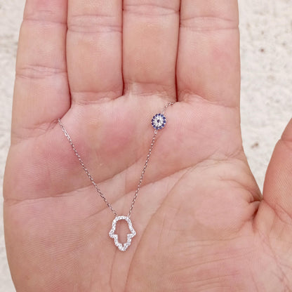 MYSTIC JEWELS - Collar Plata de ley 925, circonita cúbica de Hamsa (Mano de Fátima) y Ojo Turco, mal de ojo turco, proteccion