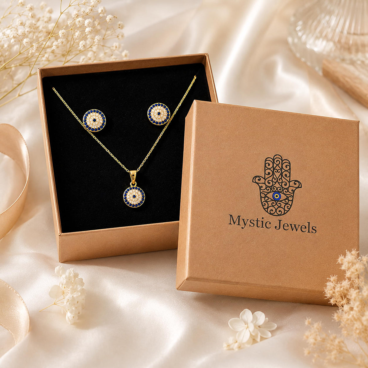 MYSTIC JEWELS - Conjunto de Joyería de Plata de ley 925 - Ojo Turco con Circonitas - Colgante con Cadena y Pendientes