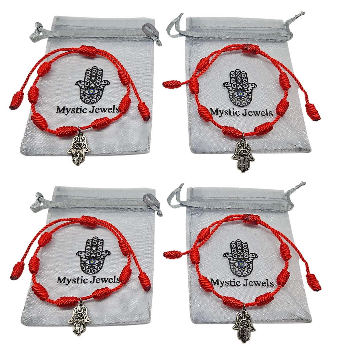 MYSTIC JEWELS By Dalia - Pulsera Kabbalah - cordón de hilo rojo - unisex - ajustable - protección de mal de ojo, buena suerte, good luck (Mano de Fátima y Nudos (4 pza))