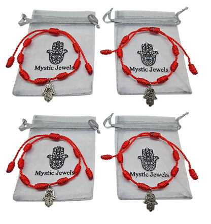 MYSTIC JEWELS By Dalia - Pulsera Kabbalah - cordón de hilo rojo - unisex - ajustable - protección de mal de ojo, buena suerte, good luck (Mano de Fátima y Nudos (4 pza))