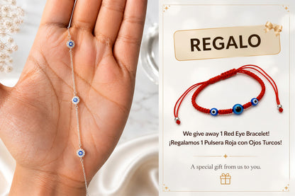MYSTIC JEWELS - Pulsera Ojo Turco de Plata 925 con Baño de Rodio, 3 Mini Amuletos Evil Eye con Circonitas, Cadena Ajustable 16+3 cm, Joyería de Protección
