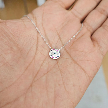 MYSTIC JEWELS – Pulsera Ojo Turco en Plata de Ley 925 con Circonitas Rosas y Azules – Colgante Redondo – 16+3 cm – Joya Minimalista